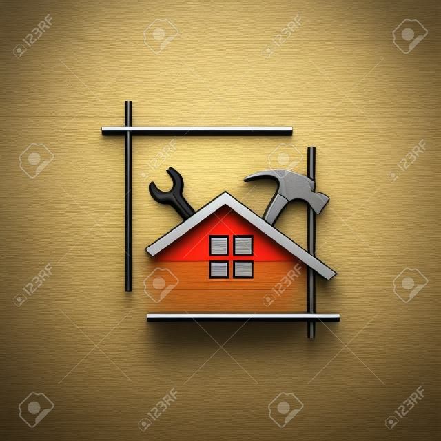 メンテナンスツールと家の建設コンセプトを備えたホーム修理ロゴ