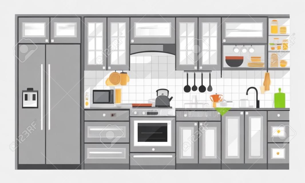 Sprzęt kuchenny z szarym wnętrzem na białym tle. mieszkania ilustracji wektorowych domu sztuki. wnętrz. wnętrze kuchnia z kuchenką, szafka, naczyniami i lodówką.