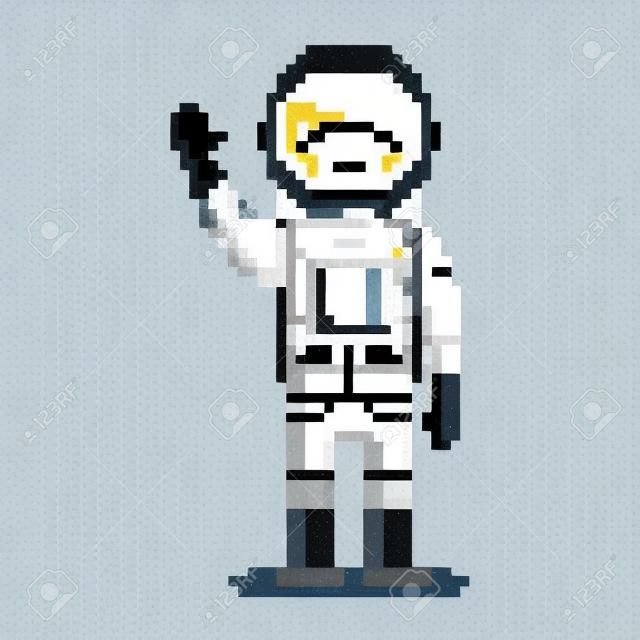 Cosmonauta isolato su sfondo bianco. Illustrazione di stile del gioco del pixel dell'astronauta. Astronauta disegno vettoriale pixel art. icona del personaggio divertente a 8 bit persone.