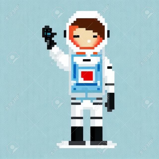 Cosmonauta isolato su sfondo bianco. Illustrazione di stile del gioco del pixel dell'astronauta. Astronauta disegno vettoriale pixel art. icona del personaggio divertente a 8 bit persone.