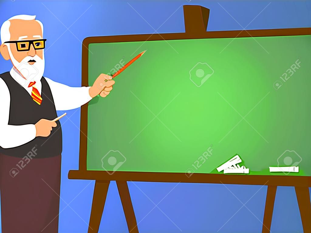 Starszy profesor wyjaśnił coś na tablicy. Nauczyciel akademicki w stylu płaskiej kreskówki.