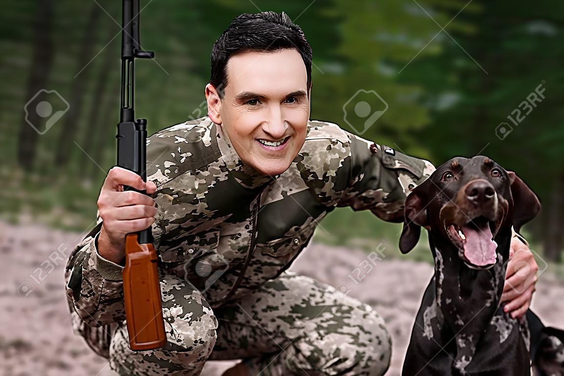 Dog Hunt Concept Good Pointer and Happy Owner.