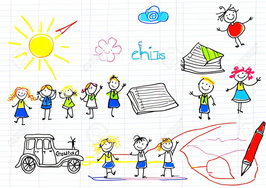 Powrót do szkoły. szkice z szczęśliwy uczniów. Szkic na stronie notebooka