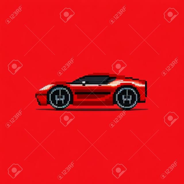 Piksel czerwony samochód sportowy kreskówka. Widok z boku