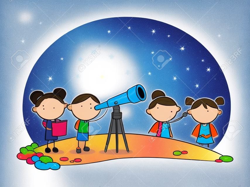 낙서 그림: 망원경을 사용하여 별을 보는 아이들