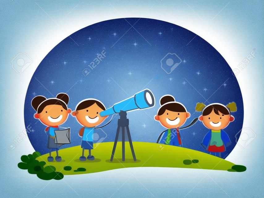 낙서 그림: 망원경을 사용하여 별을 보는 아이들
