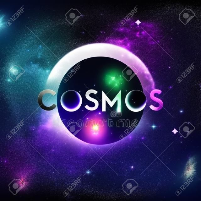 De achtergrond van het sterrenuniversum. Tekst: "Kosmos." Begrip sterrenstelsel, ruimte, kosmos, nevel, ruimtestof. Vector illustratie