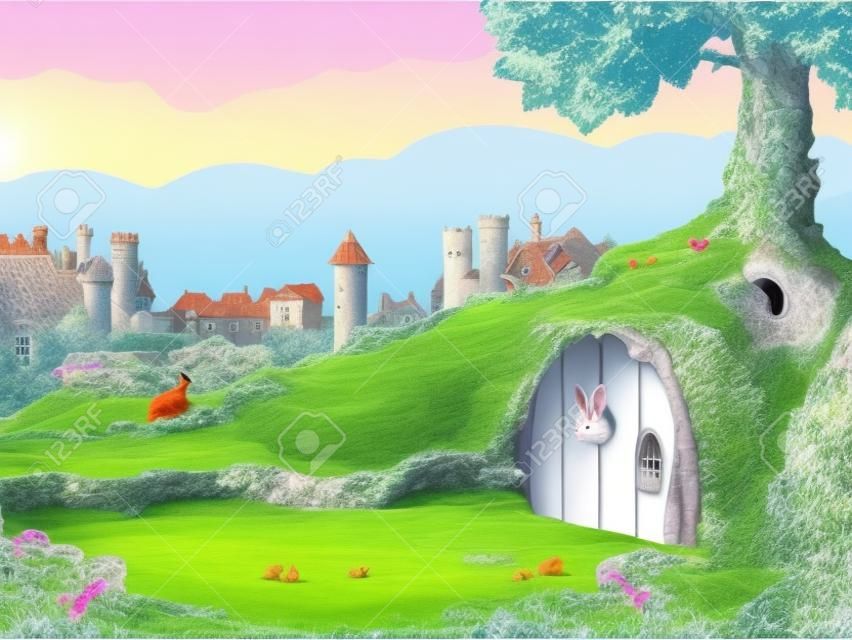 Rabbit's home hole under the tree. Fairy tale cartoon stylish raster illustration.