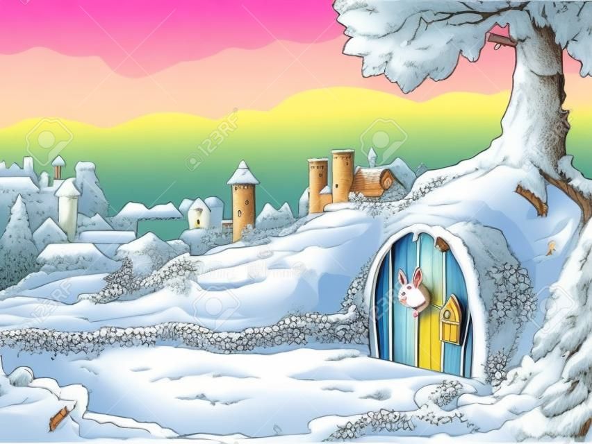 樹下兔子的家洞。童話卡通時尚光柵插圖。