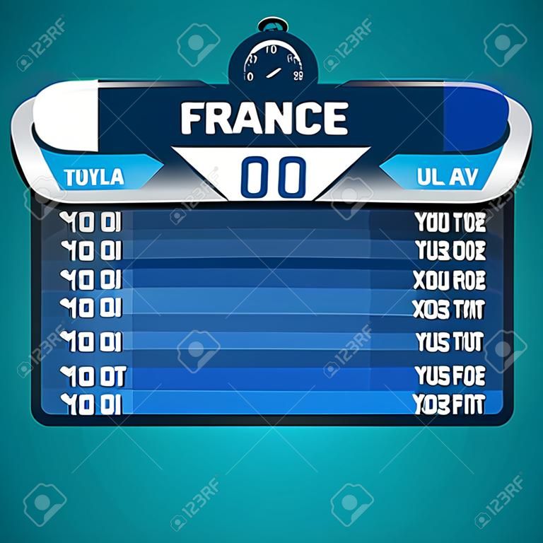 Fußball-Fußball-Anzeigetafel-Diagramm. Frankreich gegen Italien Spielstand. Stoppuhr 90 Minuten. Digital-Hintergrund Vektor-Illustration.