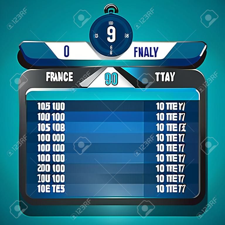 サッカー サッカー スコアボード グラフ。イタリア得点のチーム対フランス。ストップウォッチ 90 分。デジタル背景ベクトル イラスト。