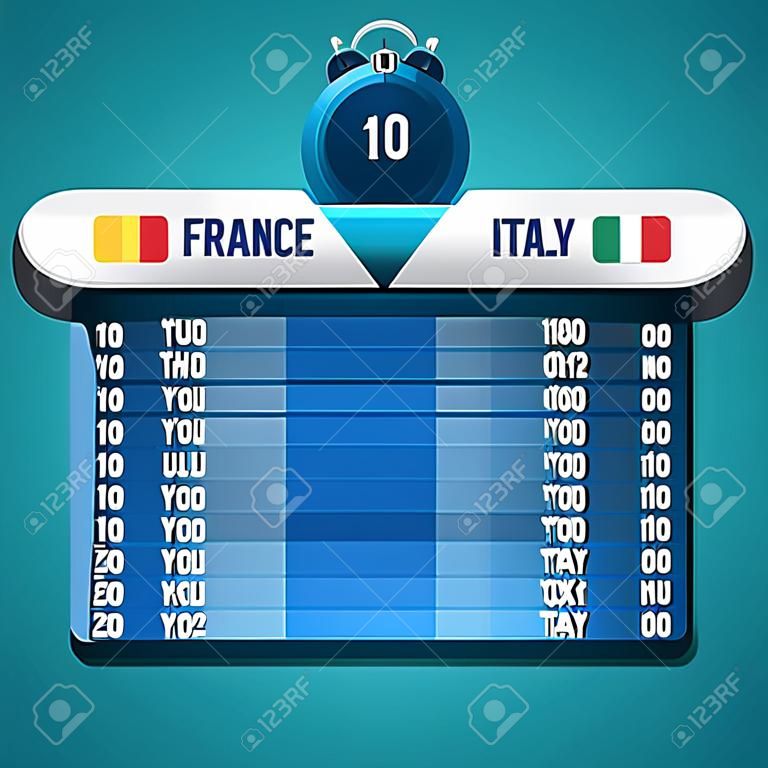 Fußball-Fußball-Anzeigetafel-Diagramm. Frankreich gegen Italien Spielstand. Stoppuhr 90 Minuten. Digital-Hintergrund Vektor-Illustration.