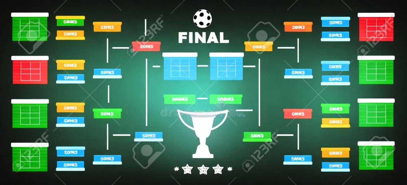 Soccer Champions Final Scoreboard Template on Dark Backdrop. Sports Tournament Chart for Groups and Teams. Soccer Playfield Digital Vector Illustration.