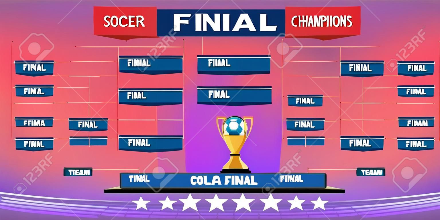 Soccer Champions Final Scoreboard Template on Dark Backdrop. Sports Tournament Chart for Groups and Teams. Soccer Playfield Digital Vector Illustration.