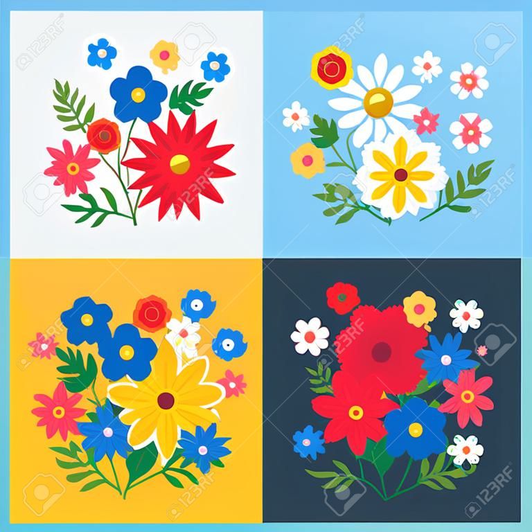 Digital vector blue flowers set icons with drawn simple line art info graphic, presentation with petals, branch and floral elements around promo template, flat style