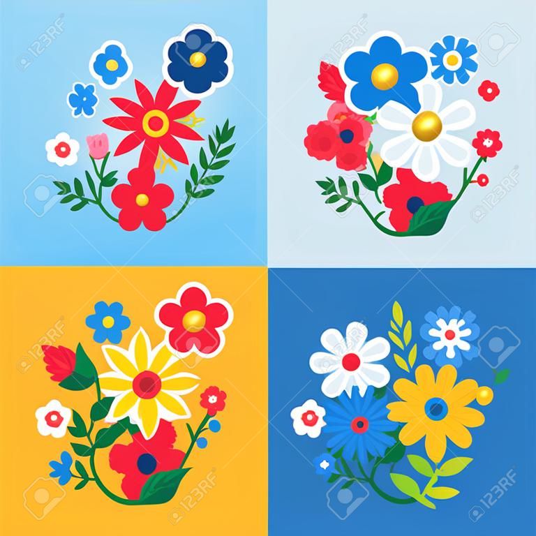 Digital vector blue flowers set icons with drawn simple line art info graphic, presentation with petals, branch and floral elements around promo template, flat style