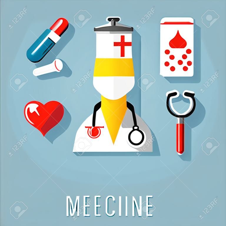 Digital vector blue red nurse pharmacy medical icons set with drawn simple line art info graphic, ambulance tooth pills tubes medicine dropper first aid thermometer hospital, flat style