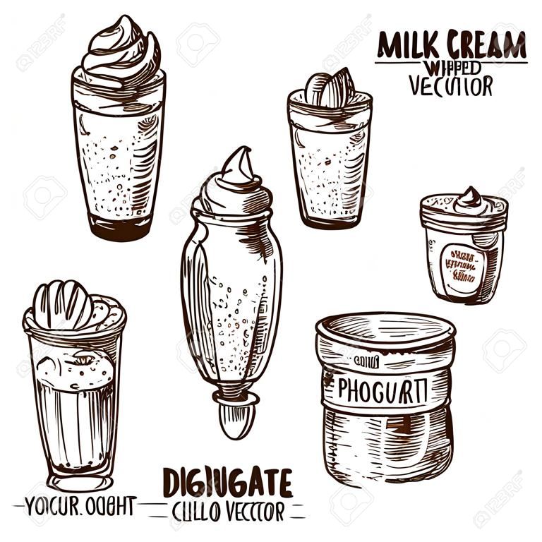 Digital vector detailed line art milk, milkshake, whipped cream and yogurt in different packages hand drawn retro illustration collection set. Thin artistic pencil outline. Vintage ink flat