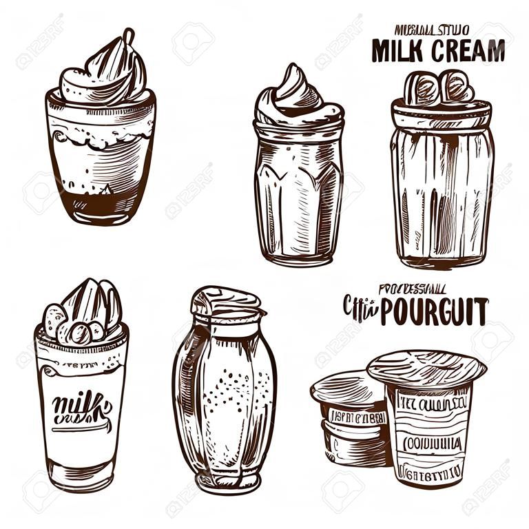 Digital vector detailed line art milk, milkshake, whipped cream and yogurt in different packages hand drawn retro illustration collection set. Thin artistic pencil outline. Vintage ink flat