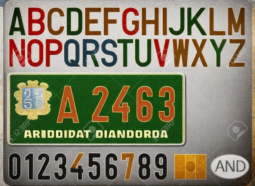 Placa, letras, números e símbolos do carro velho de Andorra