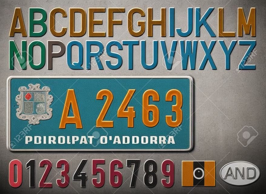 アンドラ古い車のナンバープレート、文字、数字と記号