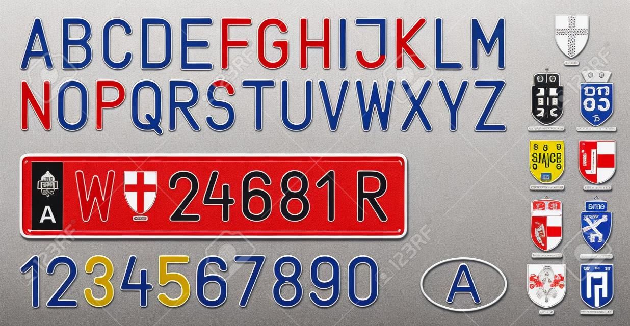 Austria car license plate, letters, numbers and symbols