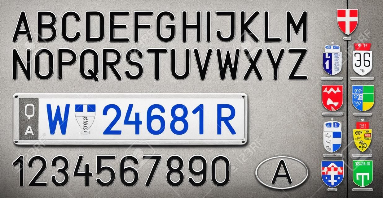 Austria car license plate, letters, numbers and symbols