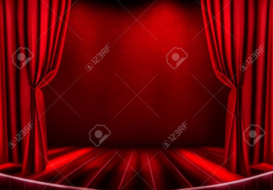 Scena teatralna z czerwonymi zasÅ‚onami i reflektory Teatralnym scenie w Å›wietle reflektorÃ³w, wnÄ™trze starego teatru