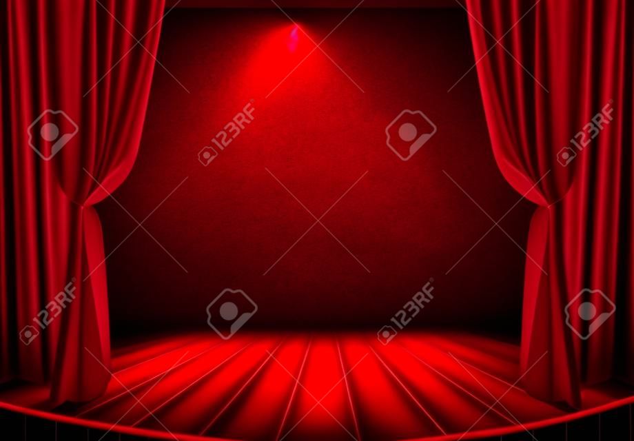 Scena teatralna z czerwonymi zasÅ‚onami i reflektory Teatralnym scenie w Å›wietle reflektorÃ³w, wnÄ™trze starego teatru