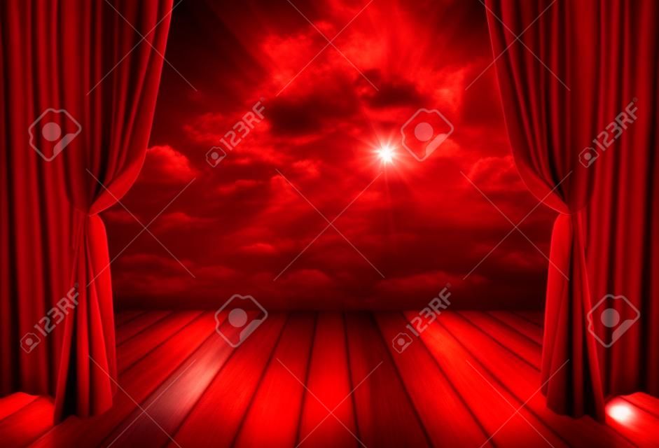 Scène de théâtre avec des rideaux rouges et les projecteurs sur la scène du Théâtre étage intérieur en bois avec des décorations de papier peint ciel dramatique