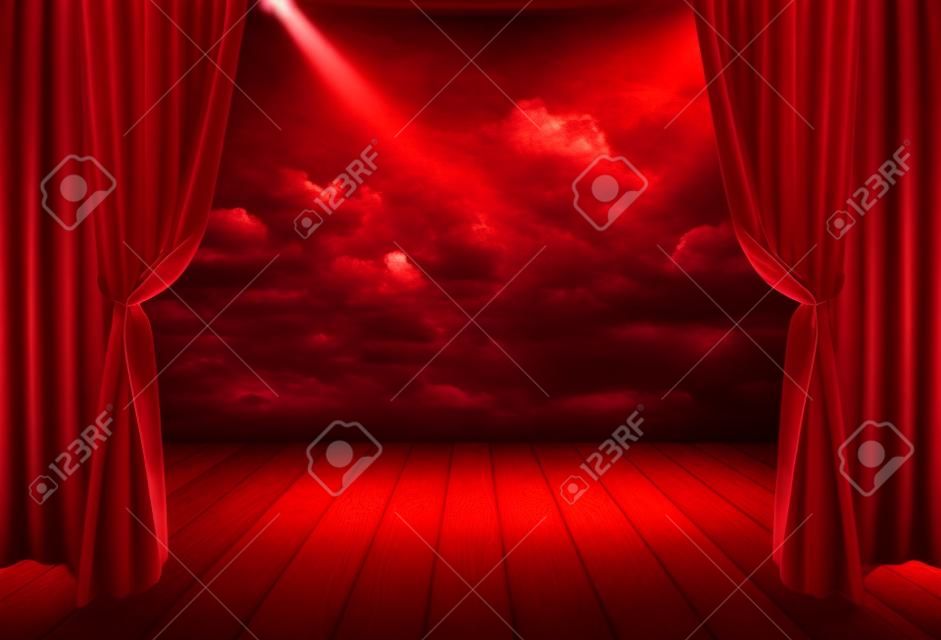 Teatro escenario con cortinas rojas y focos en el escenario interior de madera con piso de Teatro de las decoraciones de la imagen de fondo dramático cielo