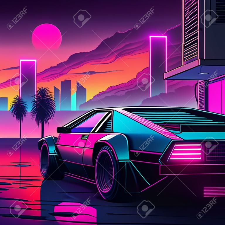 Vue arrière futuriste rétro de la supercar des années 80 sur fond tendance synthwave, vaporwave, coucher de soleil cyberpunk. retour au concept des années 80.