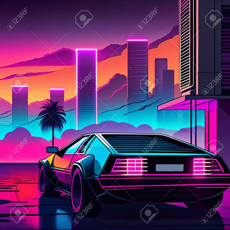 Vue arrière futuriste rétro de la supercar des années 80 sur fond tendance synthwave, vaporwave, coucher de soleil cyberpunk. retour au concept des années 80.