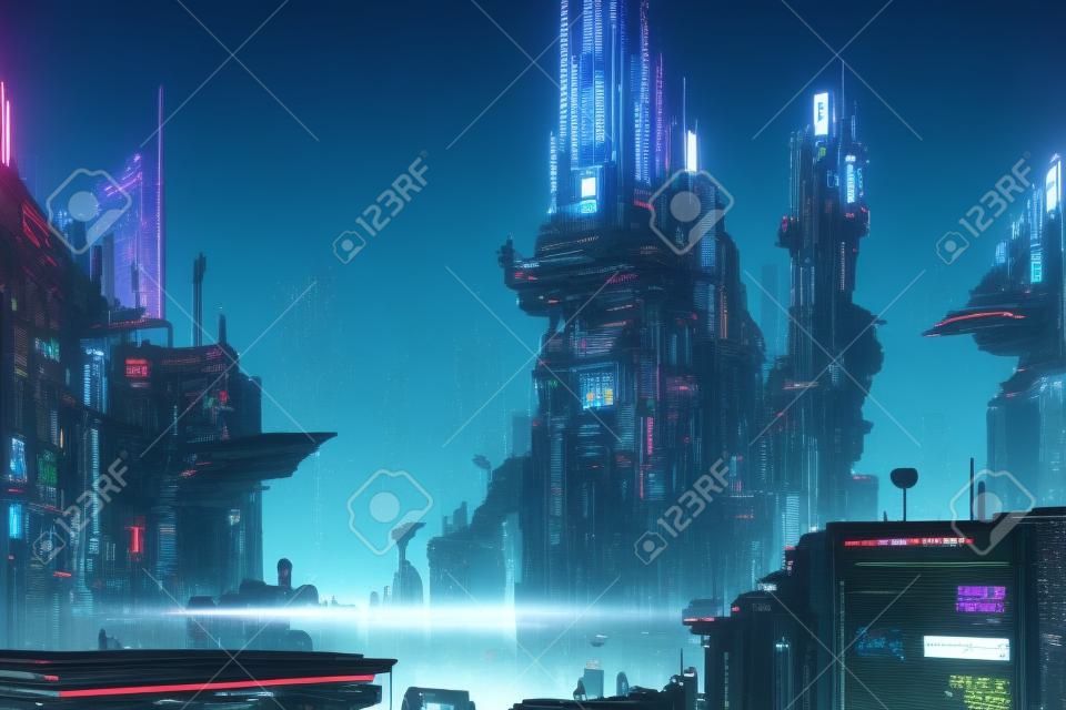 Ilustração 3D de uma cidade futurista em estilo cyberpunk. pintura digital.