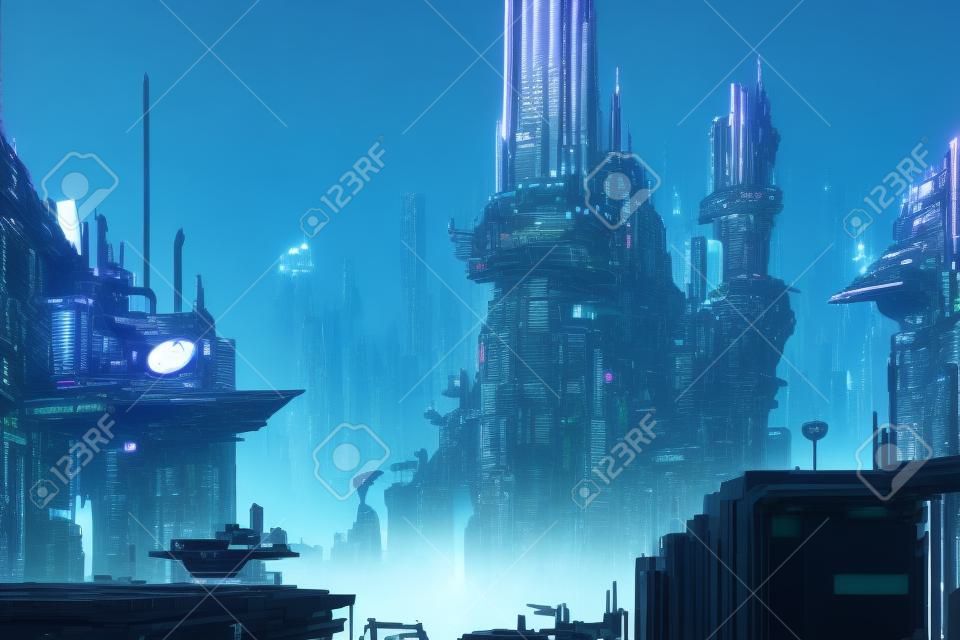 3d ilustracja futurystycznego miasta w cyberpunkowym stylu. farba cyfrowa.