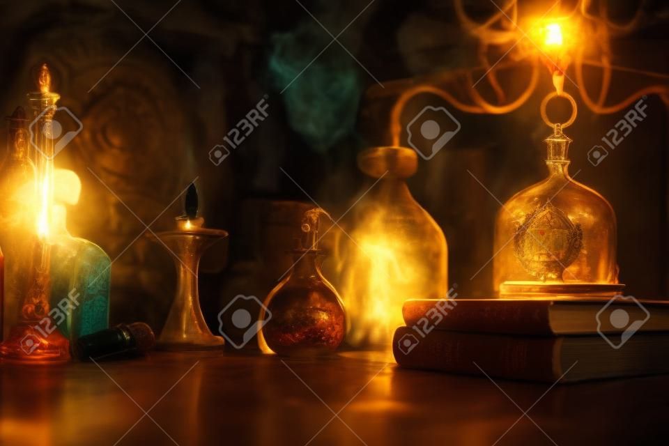 Verschillende drankjes en boeken op de tafel in het laboratorium van de alchemist. magische sfeer.