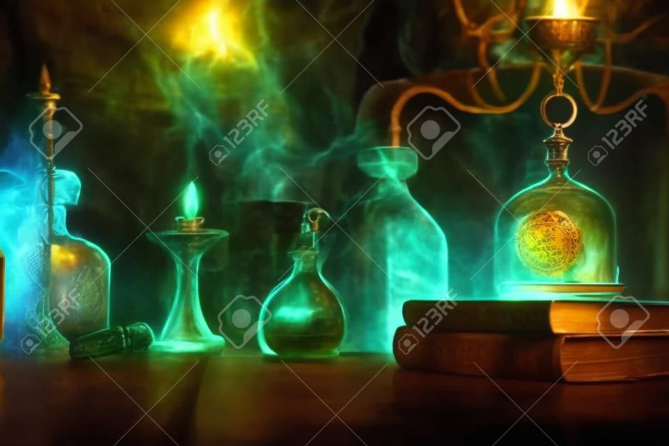 Various potions and books on the table in the alchemist's laboratory. magical atmosphere.