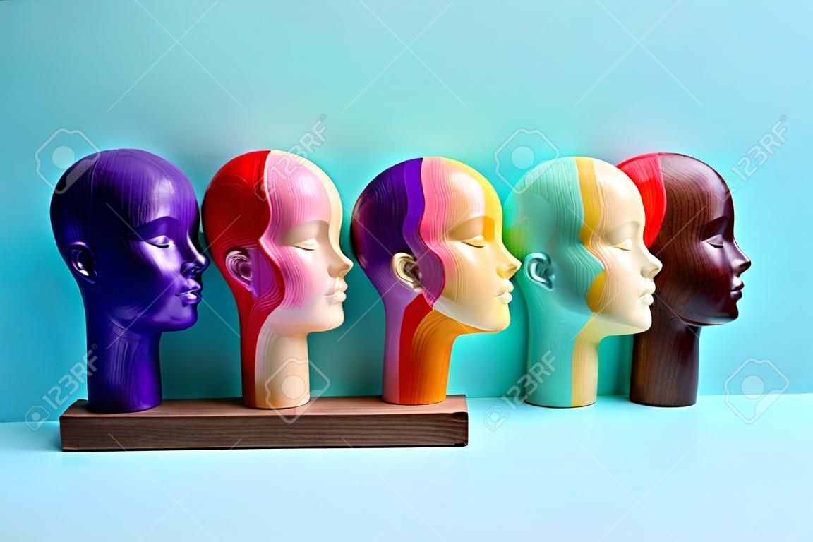 Drewniana głowa przedstawiająca różne kolory symbolizujące różnorodność i włączenie