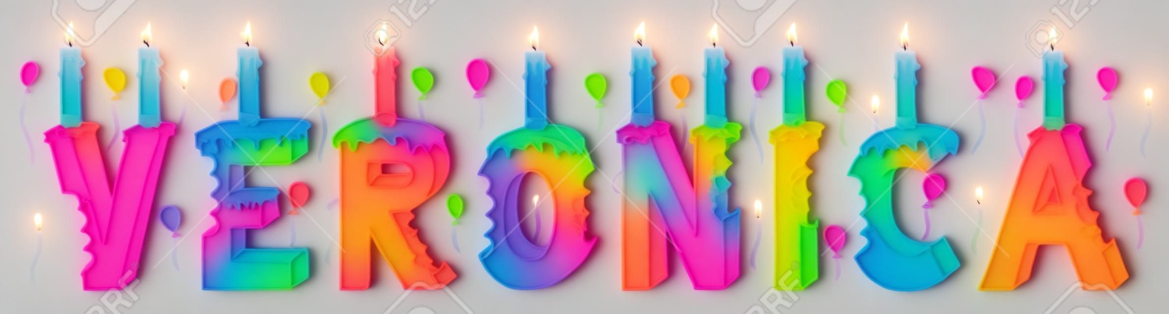 Veronica nombre femenino mordido. Colorido pastel de cumpleaños de letras 3d con velas y globos.