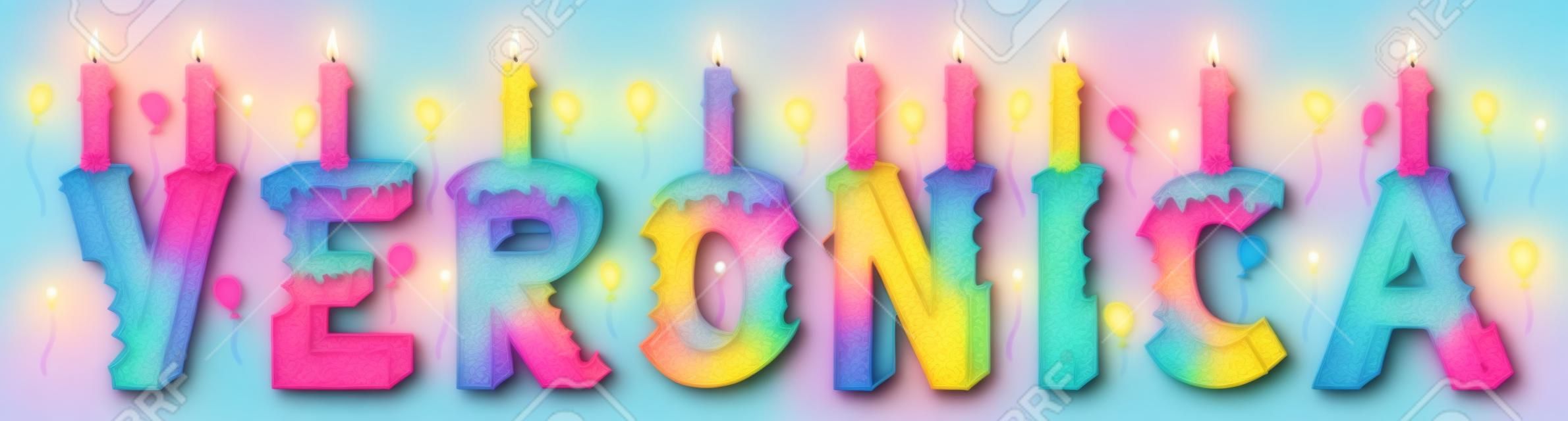 Veronica prénom féminin mordu. Gâteau d'anniversaire lettrage 3d coloré avec des bougies et des ballons.