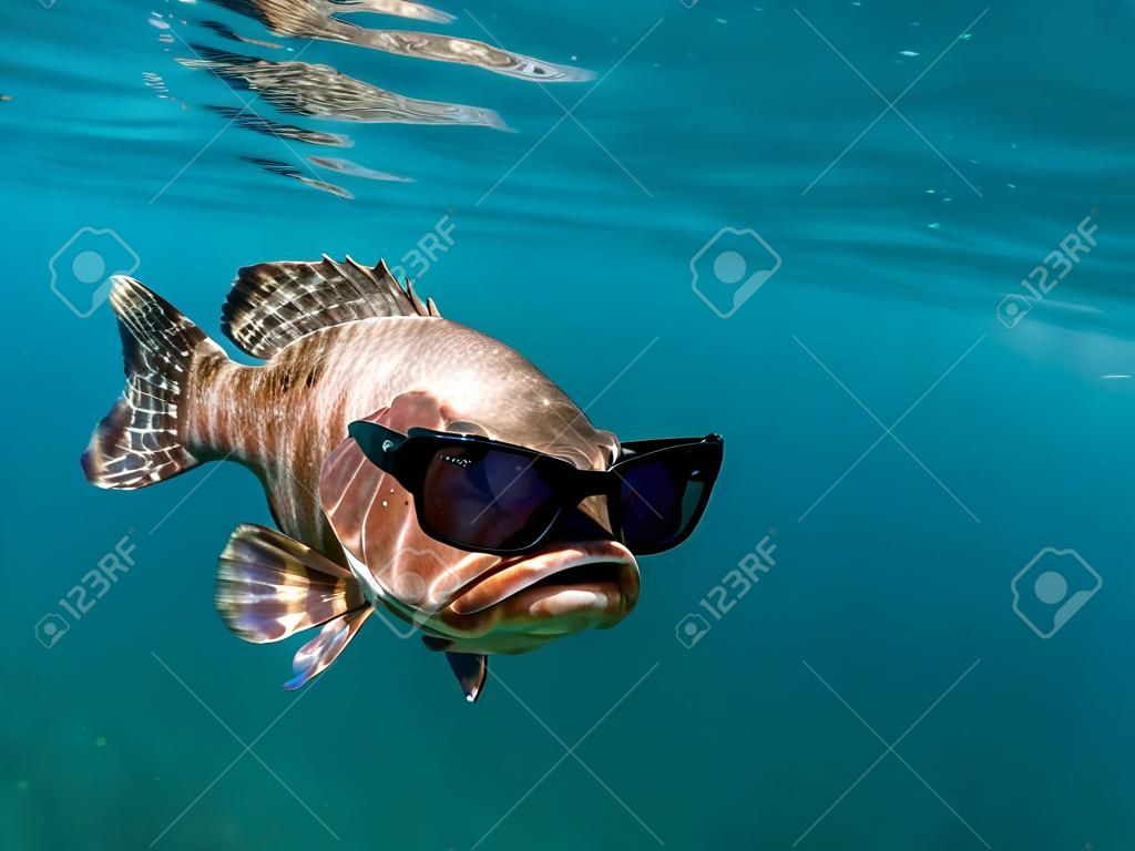 Le mérou rouge sous l'eau dans l'océan avec des lunettes de soleil