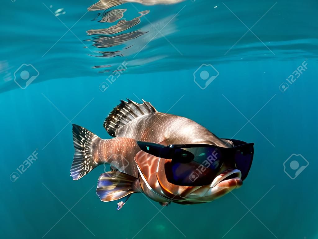 Le mérou rouge sous l'eau dans l'océan avec des lunettes de soleil