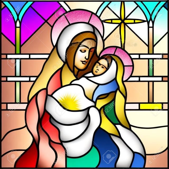 キリスト降誕シーン - マリア、イエスの誕生赤ちゃんとステンド グラス ウィンドウ スタイル ベクトル イラスト