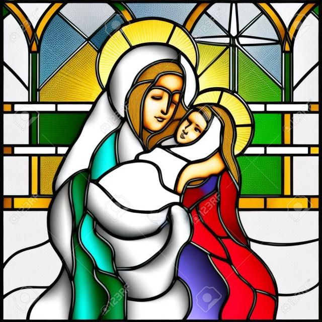 Geburt - Mary mit Baby, Geburt von Jesus, Glasfenster Stil Vector illustration