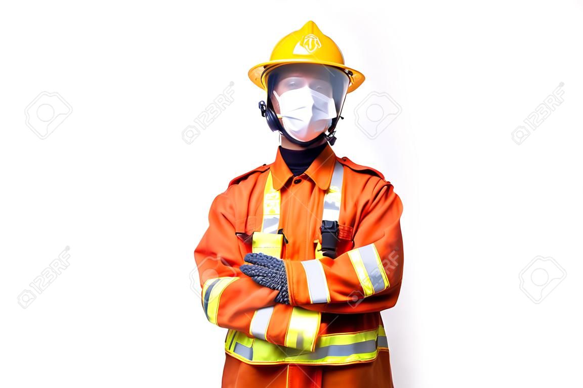 Firefighter rescue, fireman standing portrait wear protective mask to prevent coronavirus (CoVID-19) pandemic isolated on white background.