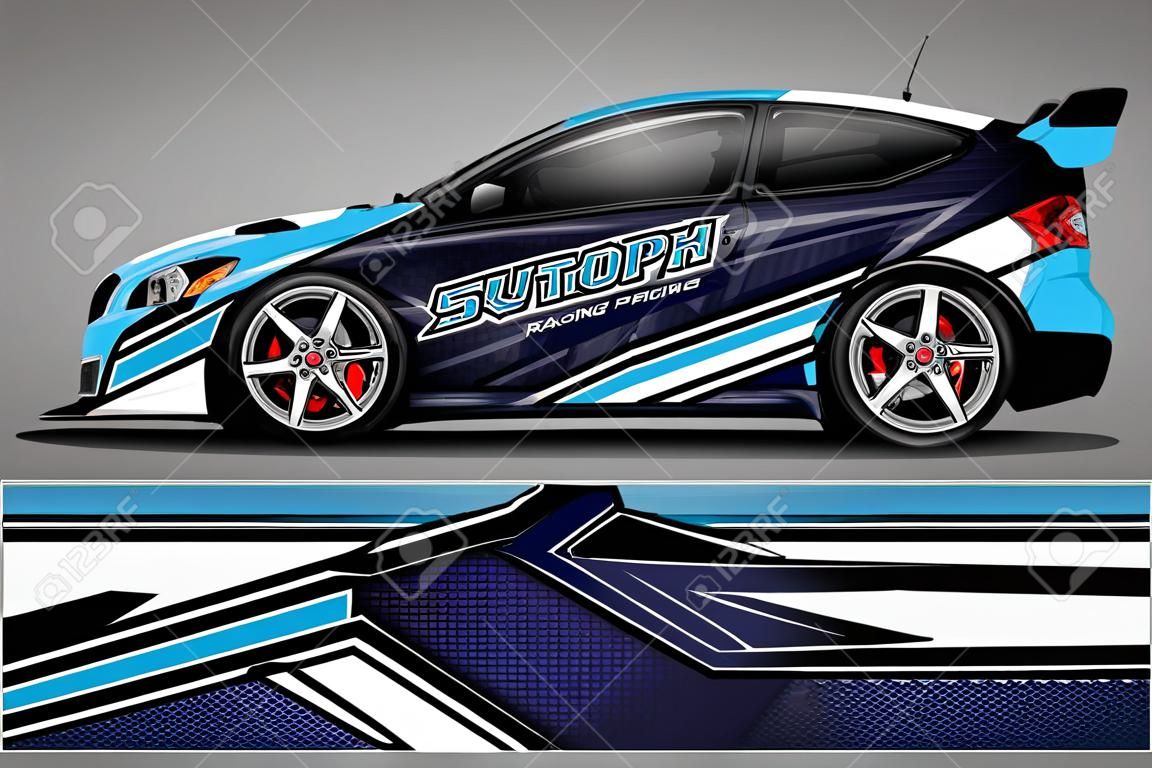 Car decal wrap ontwerp vector. Grafische abstracte streep race achtergrond kit ontwerpen voor voertuig, race auto, rally, avontuur en livey - Vector