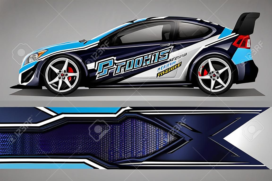 Car decal wrap ontwerp vector. Grafische abstracte streep race achtergrond kit ontwerpen voor voertuig, race auto, rally, avontuur en livey - Vector