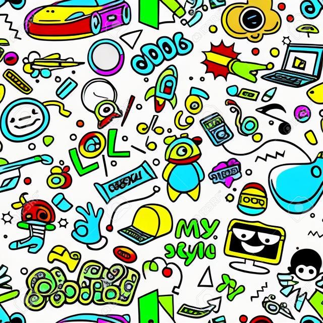 Vector graffiti seamless texture with bizarre elements and characters with social media signs and other shiny icons. Print fabric vector pattern with pop art patches for print, party, children's room.