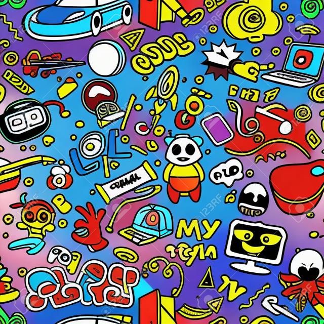Vector graffiti seamless texture with bizarre elements and characters with social media signs and other shiny icons. Print fabric vector pattern with pop art patches for print, party, children's room.