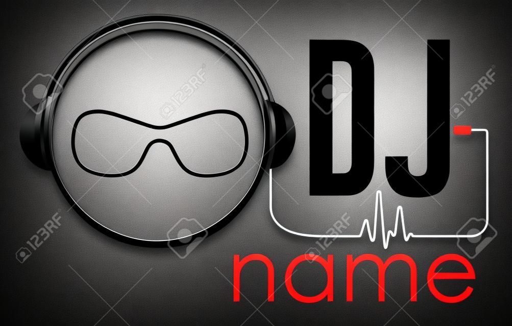 Dj-Logo-Design. Kreatives Vektor-Logo-Design mit Kopfhörern und DJ mit Brille. Musik-Logo-Vorlage. Schwarzer Hintergrund. Mp3-Zeichen.